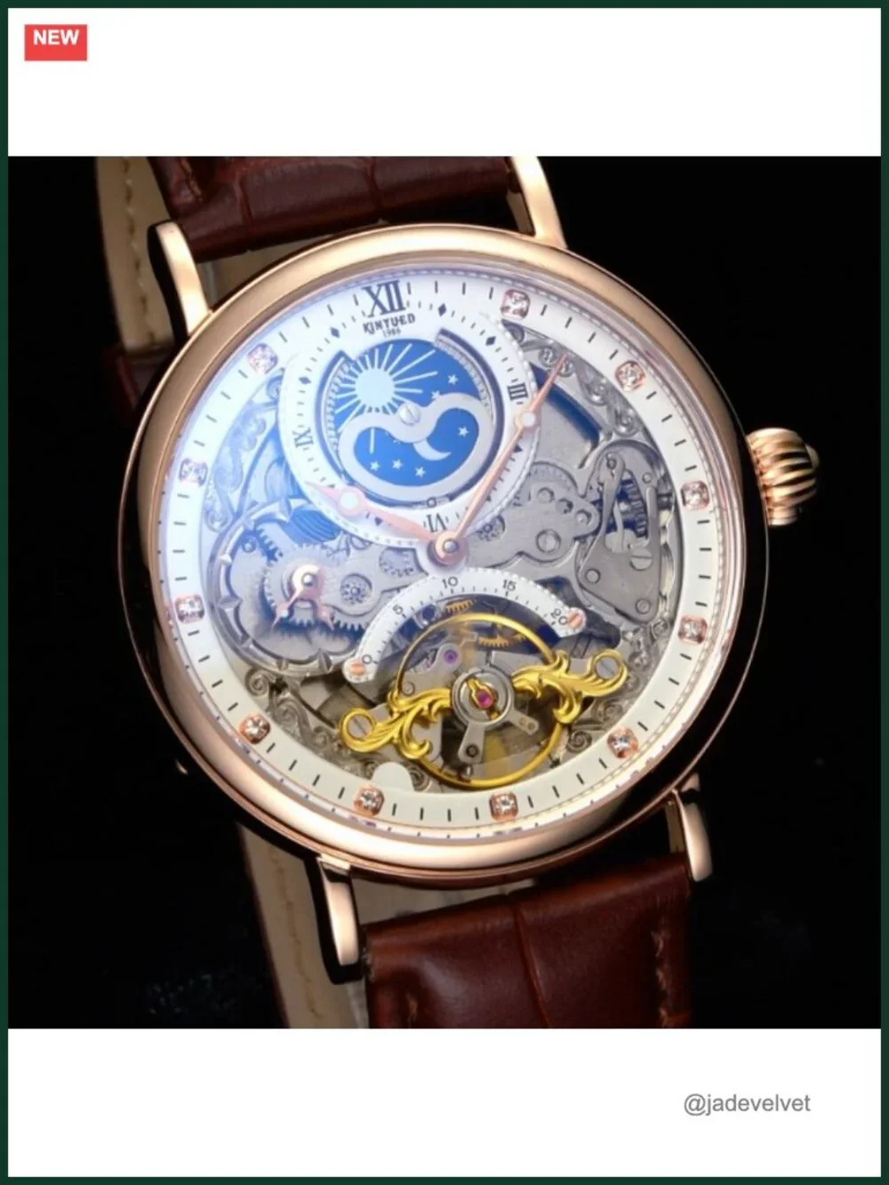 Men's Luxury Skeleton Automatic Mechanical Wrist Watch Leather Strap Moon Phase